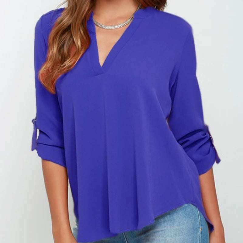Elegant V-Neck Roll Sleeve Blouse for Women
