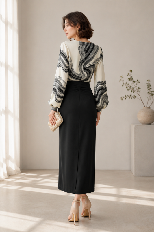 back view for the Celina Studio Elegant Printed Chiffon Blouse.
