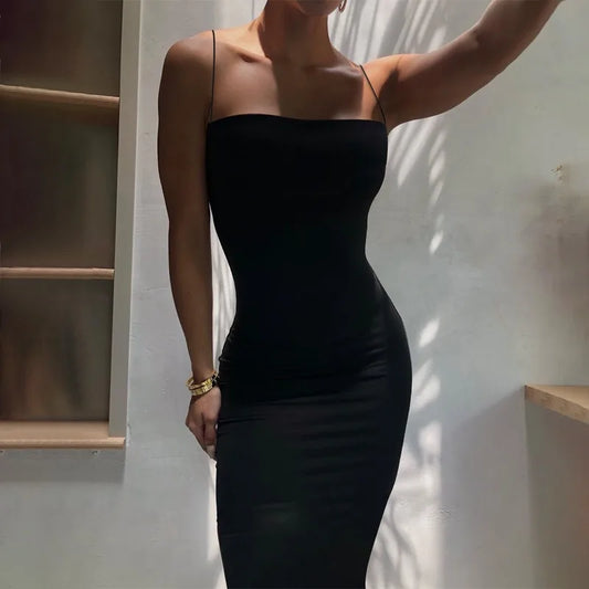 Side view of a black sleeveless square neck bodycon maxi dress.