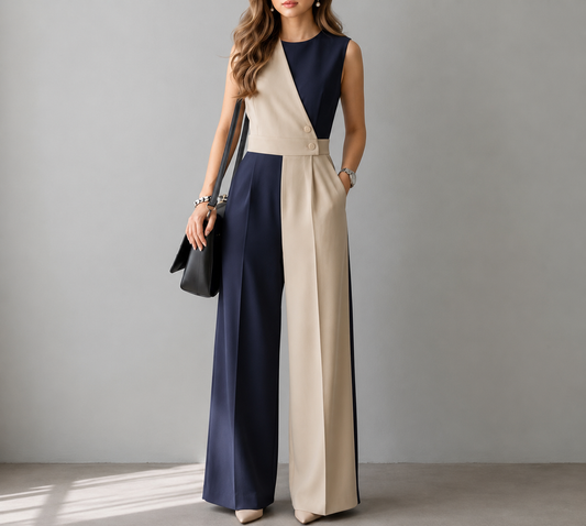Woman wearing the Celina Studio Black & Beige Color Block Wide-Leg Jumpsuit featuring a sleeveless design, tailored waist, and elegant full-length silhouette.