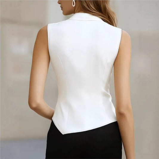 Back view of a white elegant sleeveless draped blouse for women.