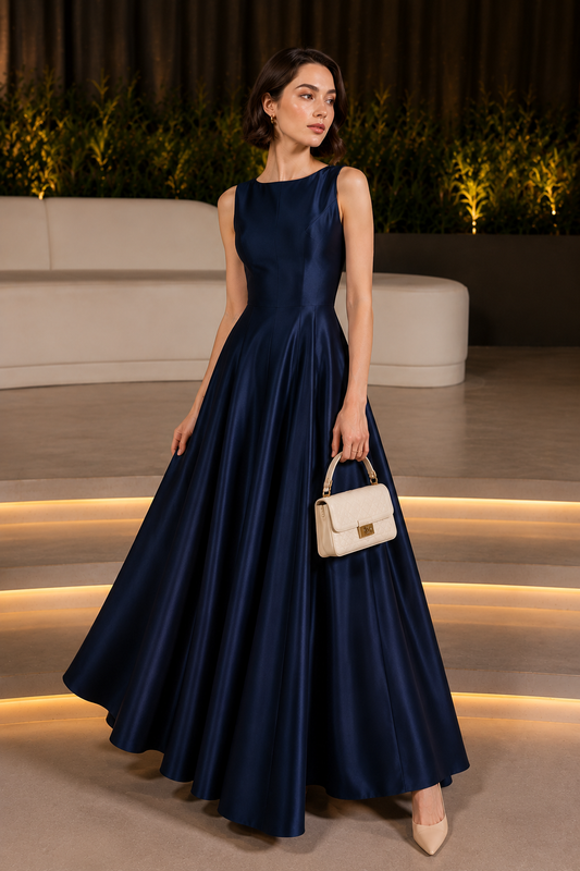 Woman wearing a blue sleeveless A-line maxi gown with a flowing floor-length skirt.