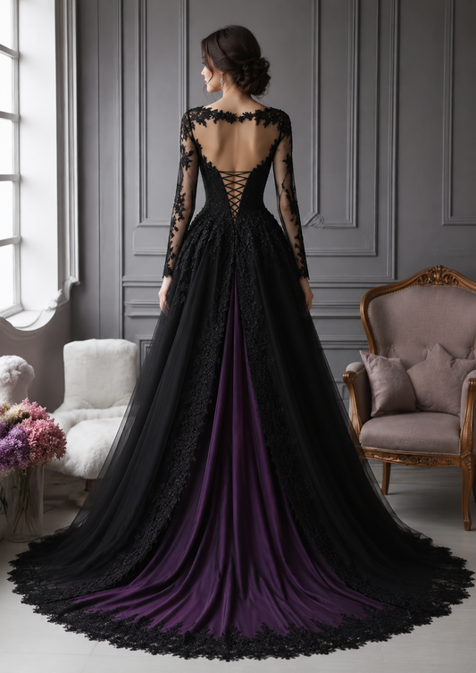 Back view of a black gothic lace ball gown with a dramatic purple contrast train.