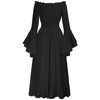 Back view of a black off-shoulder ruffle sleeve midi dress.
