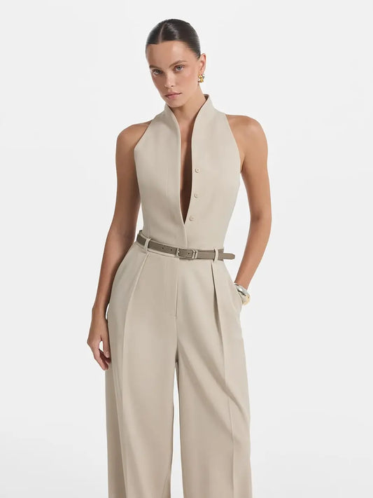 Celina Studio Lumière Halter Tailored Wide-Leg Jumpsuit