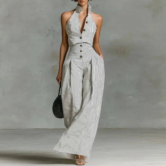Celina Studio Riviera Stripe Halter Wide-Leg Jumpsuit