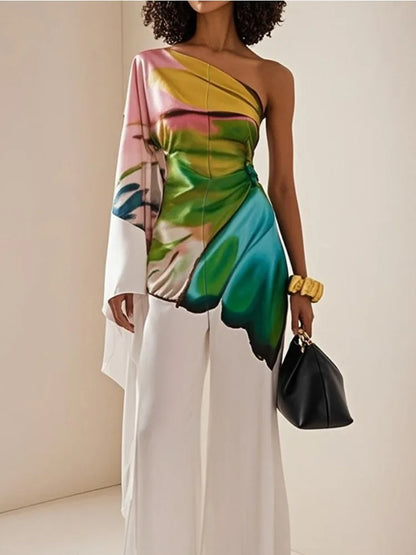 Printed One-Shoulder Wide-Leg Jumpsuit