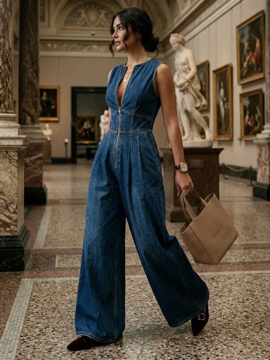 Side profile of the Celina Studio denim-inspired wide-leg jumpsuit with a tailored fit and elegant drape.