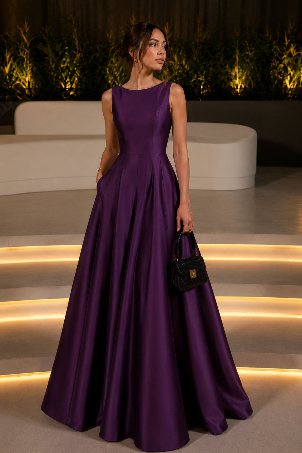 Woman wearing a purple sleeveless A-line maxi gown for formal occasions.