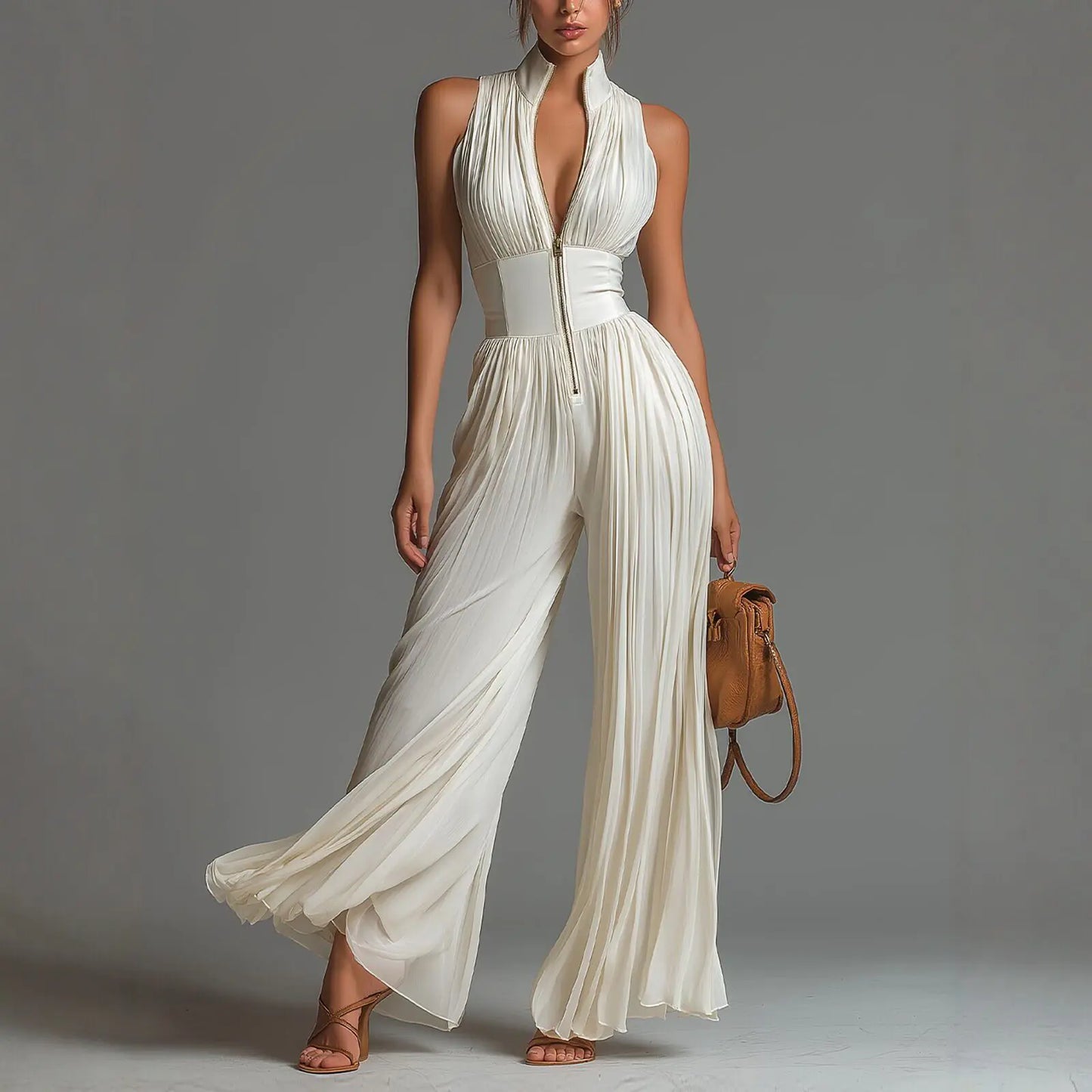 Woman wearing the Celina Studio Aurelia Pleated Halter Wide-Leg Jumpsuit in Pearl Ivory.