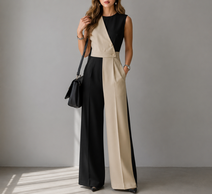 Woman wearing the Celina Studio Black & Beige Color Block Wide-Leg Jumpsuit featuring a sleeveless design, tailored waist, and elegant full-length silhouette.