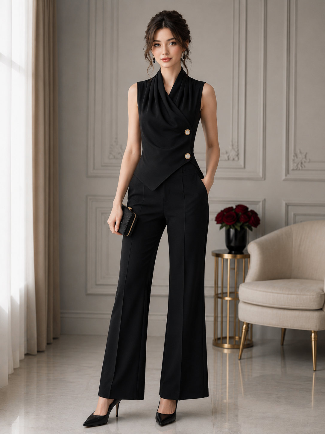 Woman wearing a black draped sleeveless blouse with decorative gold-tone buttons.
