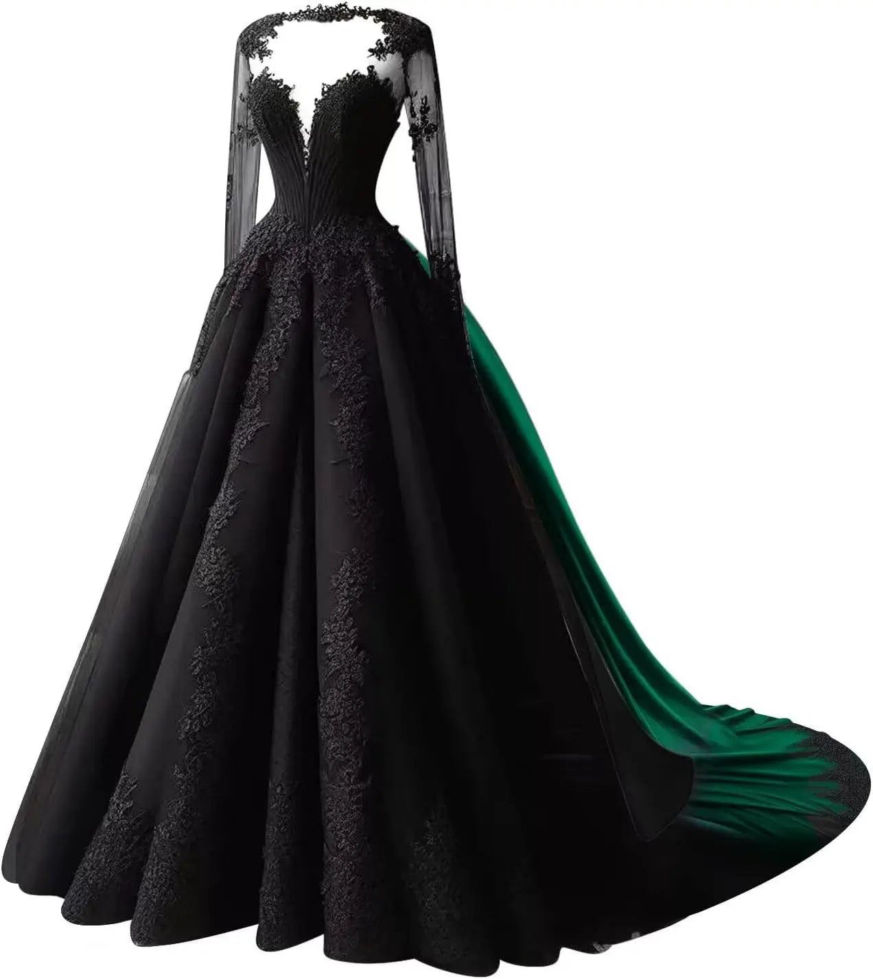 Front view of a black gothic lace ball gown with an illusion lace bodice and flowing skirt.
