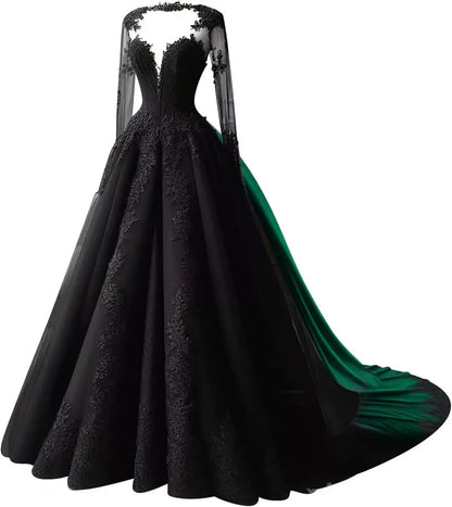Front view of a black gothic lace ball gown with an illusion lace bodice and flowing skirt.
