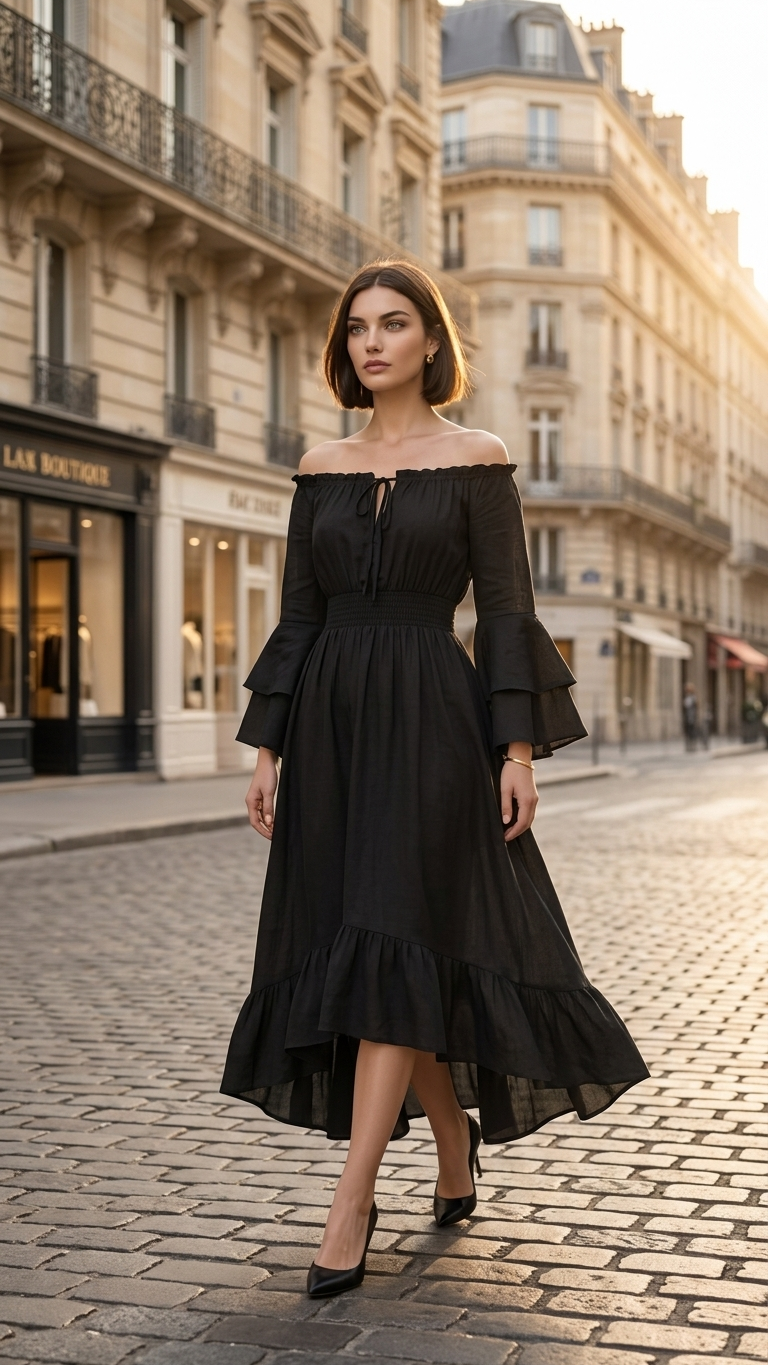 Elegant black off-shoulder ruffle sleeve midi dress for women.