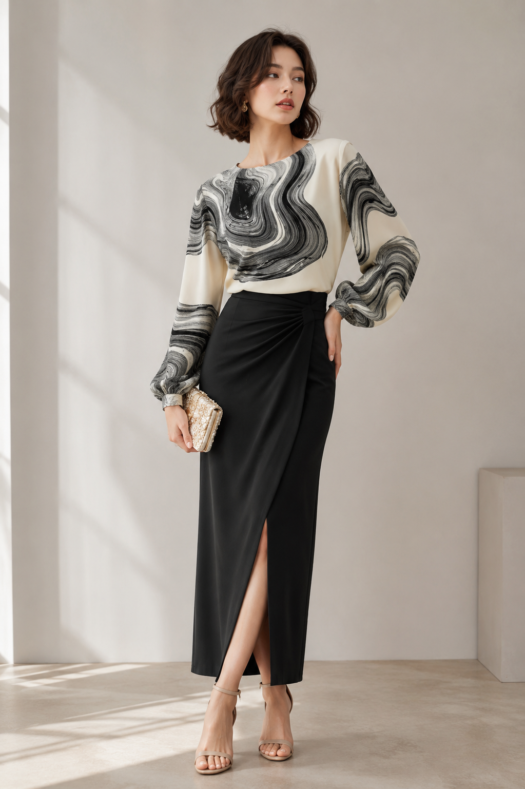 Woman wearing a black and ivory printed chiffon blouse with long sleeves and a round neckline.