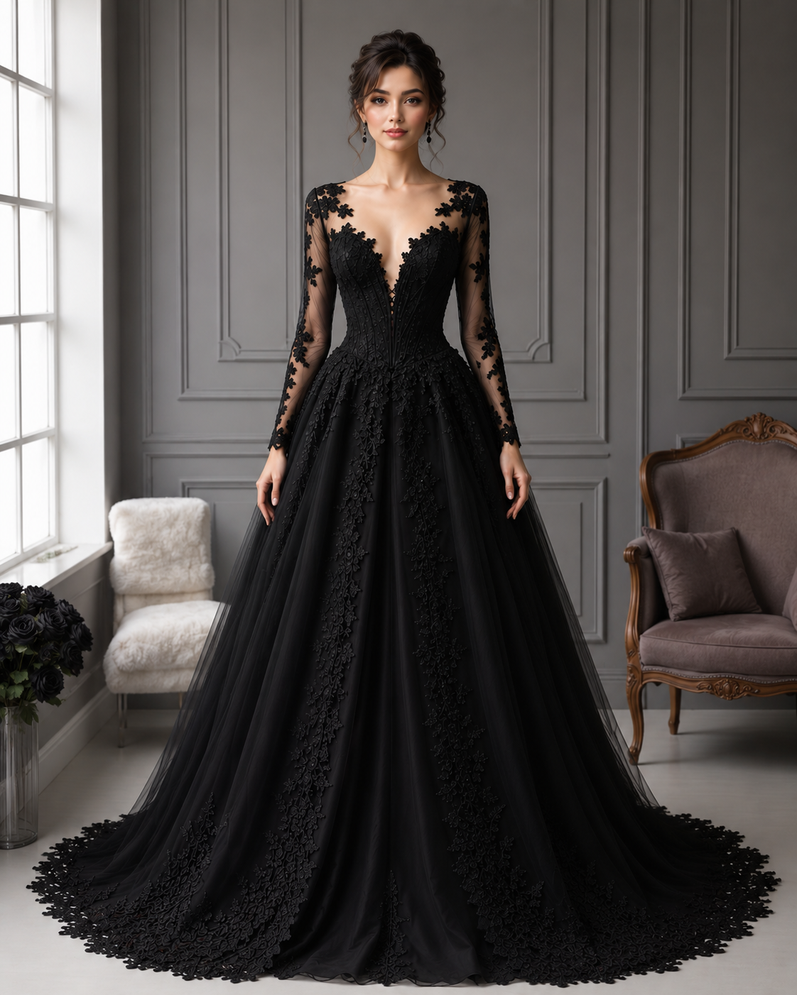 Front view of a black gothic lace ball gown with an illusion lace bodice and flowing skirt.