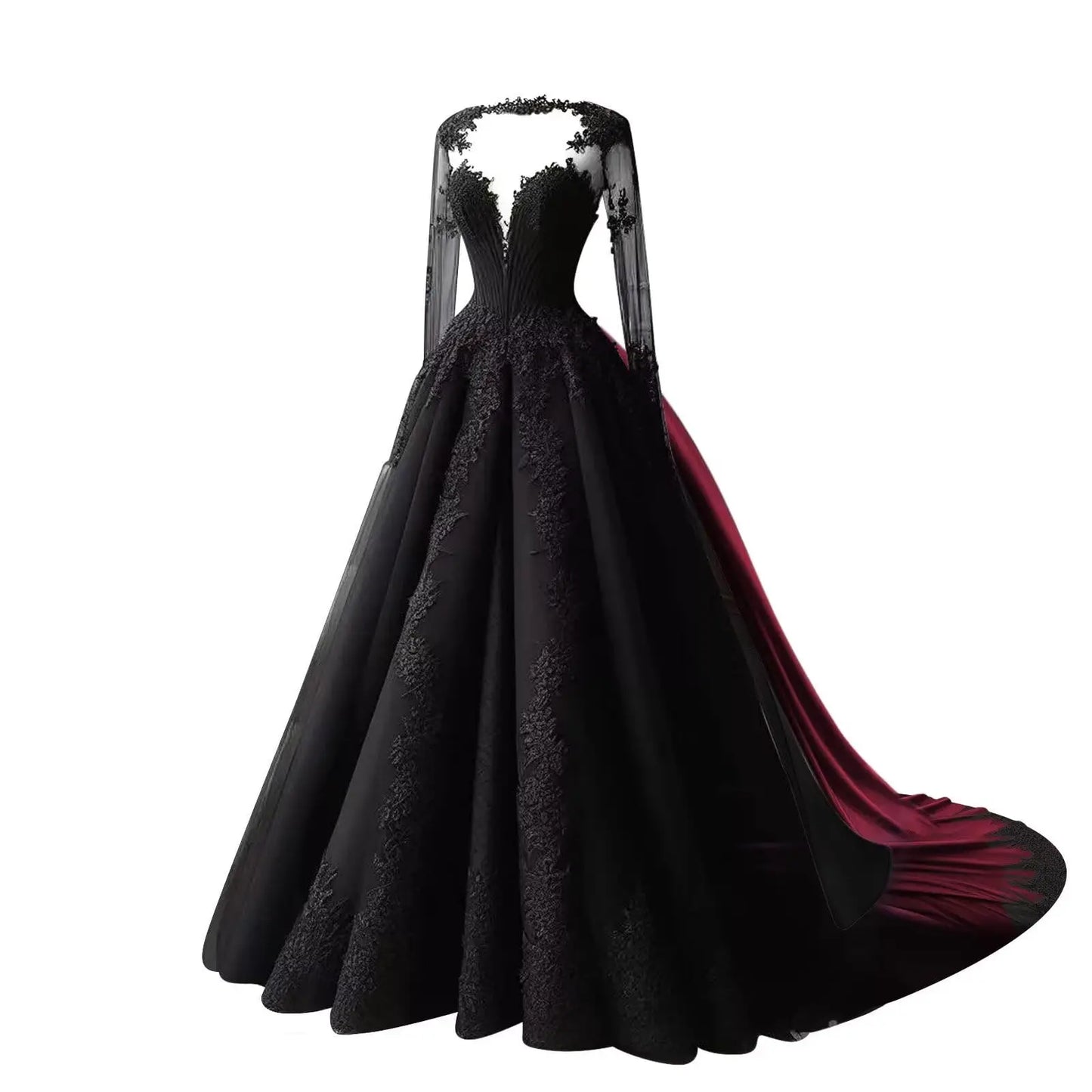 Elegant black gothic lace ball gown featuring a dramatic ruby red contrast train.