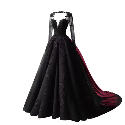Elegant black gothic lace ball gown featuring a dramatic ruby red contrast train.