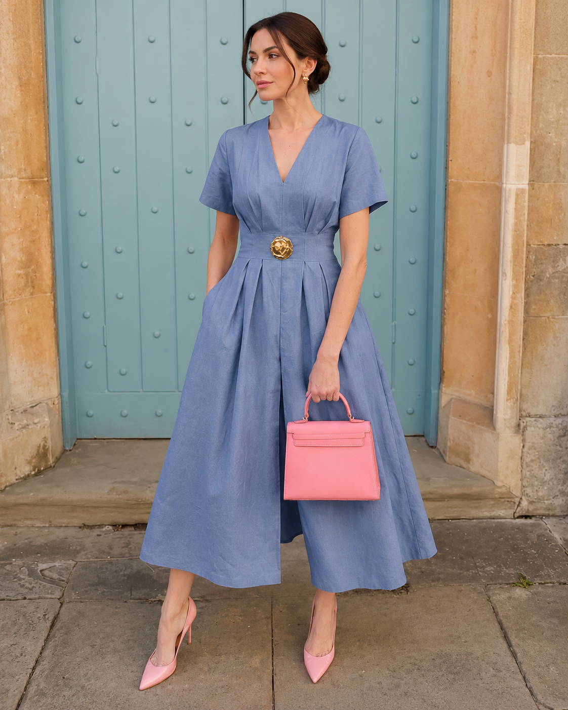 Woman wearing a blue V-neck belted midi dress with a flattering waist belt.