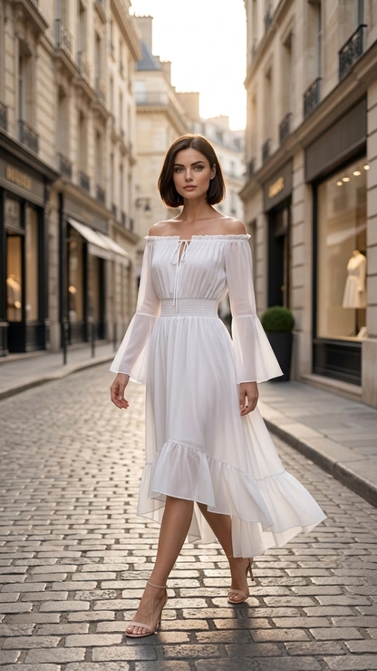 Woman wearing a white off-shoulder ruffle sleeve midi dress on a city street