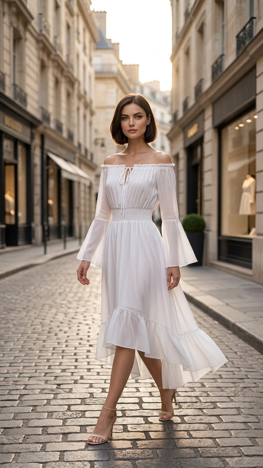 Woman wearing a white off-shoulder ruffle sleeve midi dress on a city street
