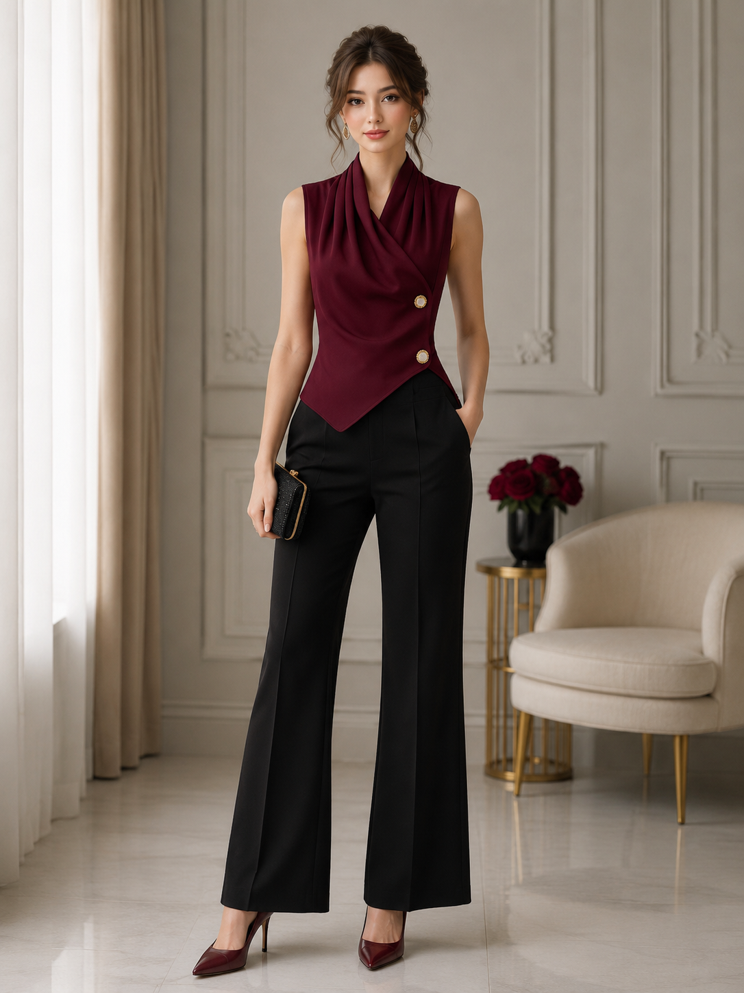 Woman wearing a burgundy draped sleeveless blouse with an asymmetrical hem and decorative buttons.