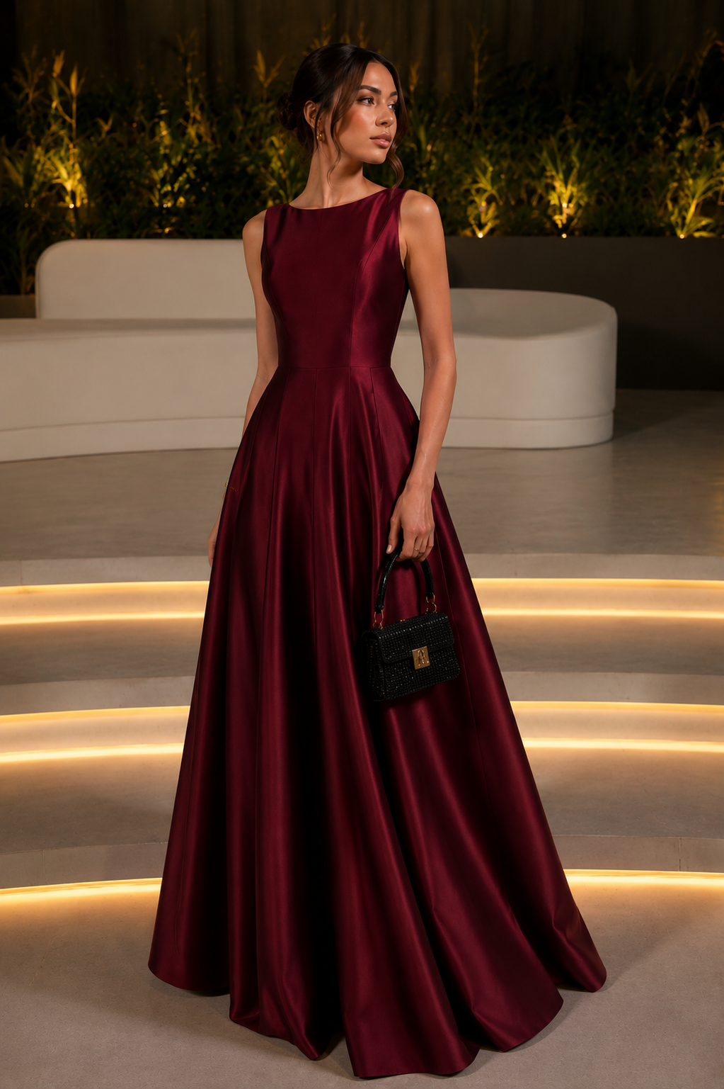 Woman wearing a burgundy sleeveless A-line maxi gown with a fitted bodice and flowing skirt.