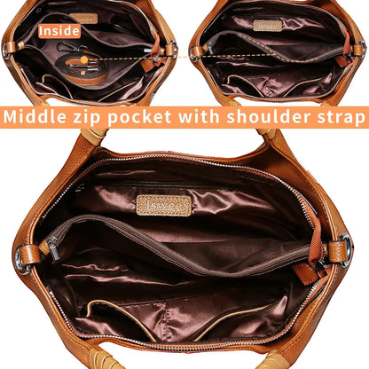 Lifestyle view of a caramel soft leather tote bag for women.