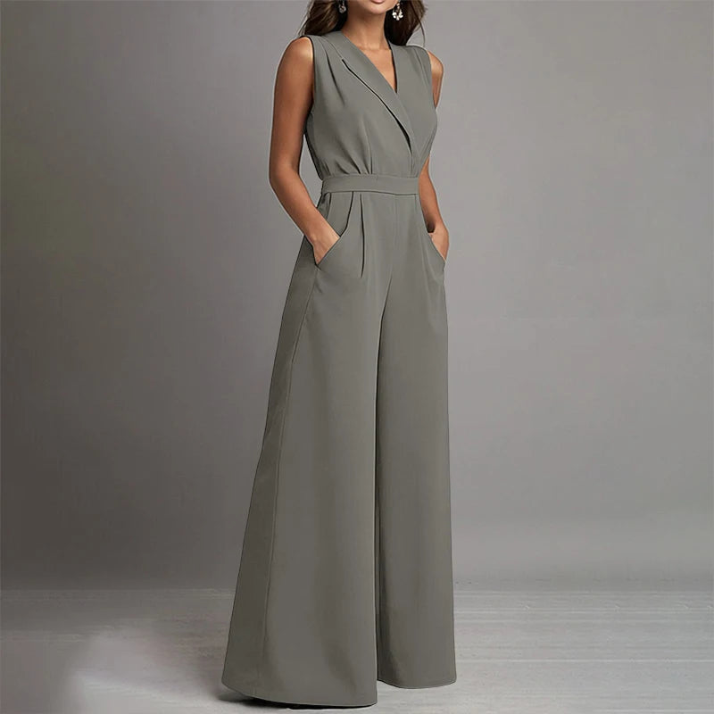 Charcoal Gray sleeveless wide-leg jumpsuit by Celina Studio with a modern V-neckline and elegant full-length silhouette.