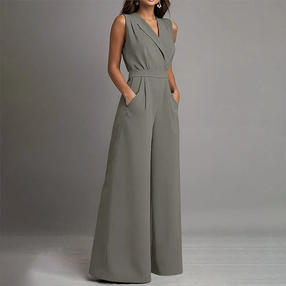 Charcoal Gray sleeveless wide-leg jumpsuit by Celina Studio with a modern V-neckline and elegant full-length silhouette.