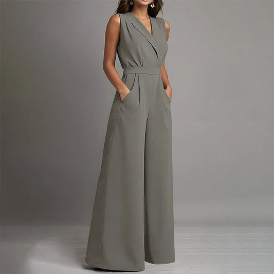 Charcoal Gray sleeveless wide-leg jumpsuit by Celina Studio with a modern V-neckline and elegant full-length silhouette.