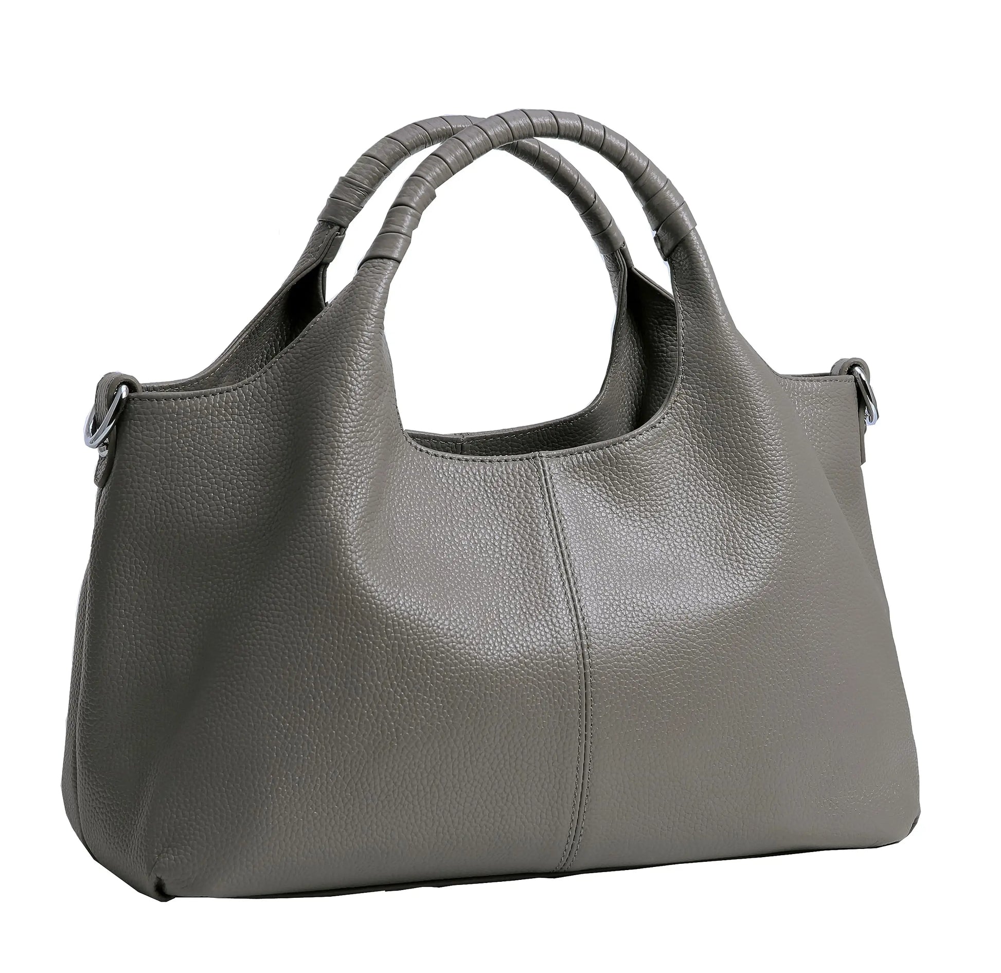 Woman carrying a charcoal gray soft leather shoulder tote bag.