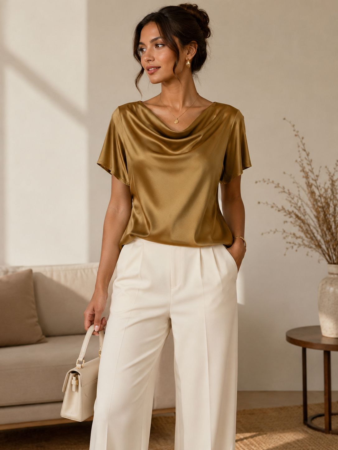 Woman wearing the Celina Studio Élan Drape Satin Blouse in Caramel Mocha.