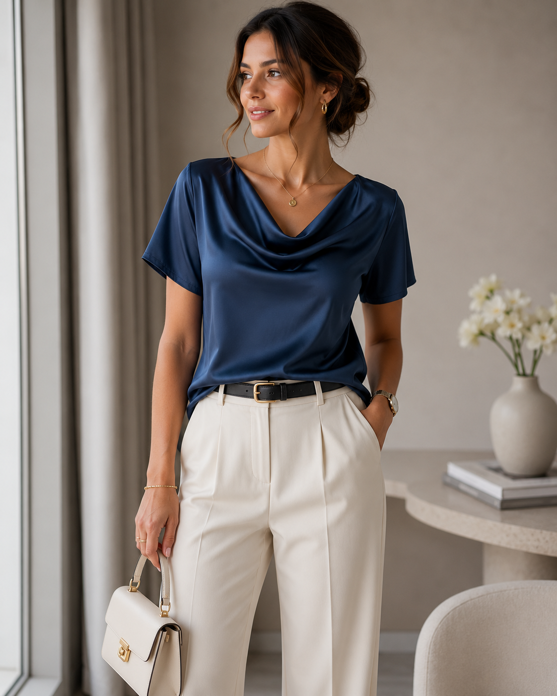 Woman wearing the Celina Studio Élan Drape Satin Blouse in Midnight Navy.