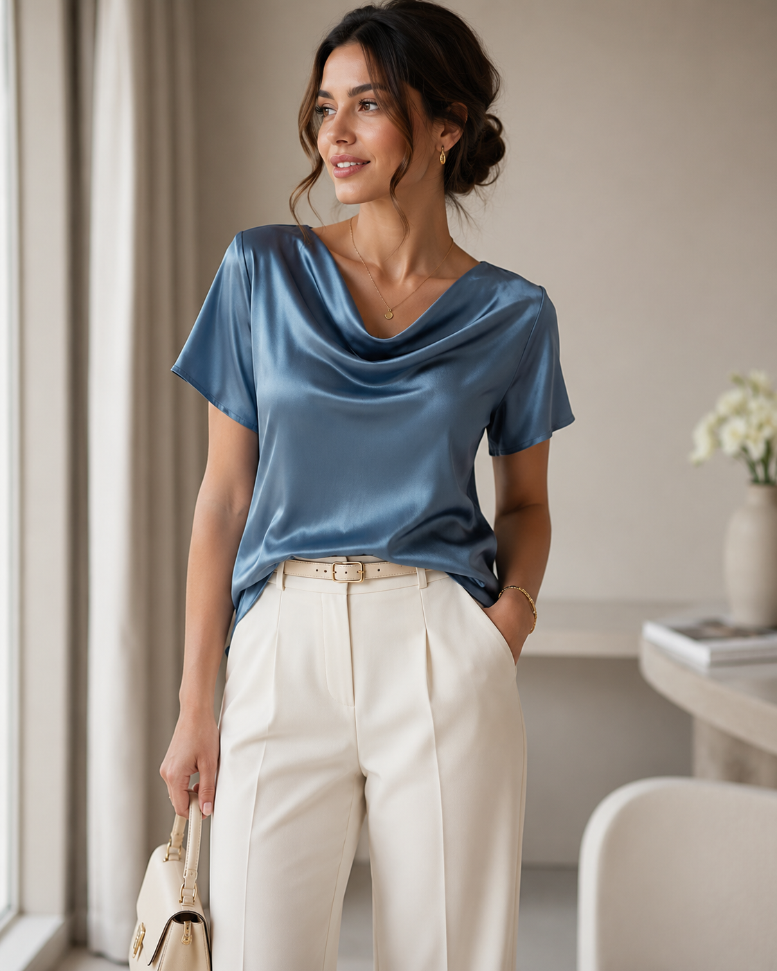 Woman wearing the Celina Studio Élan Drape Satin Blouse in Sapphire Blue with an elegant draped cowl neckline.