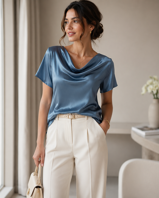 Woman wearing the Celina Studio Élan Drape Satin Blouse in Sapphire Blue with an elegant draped cowl neckline.