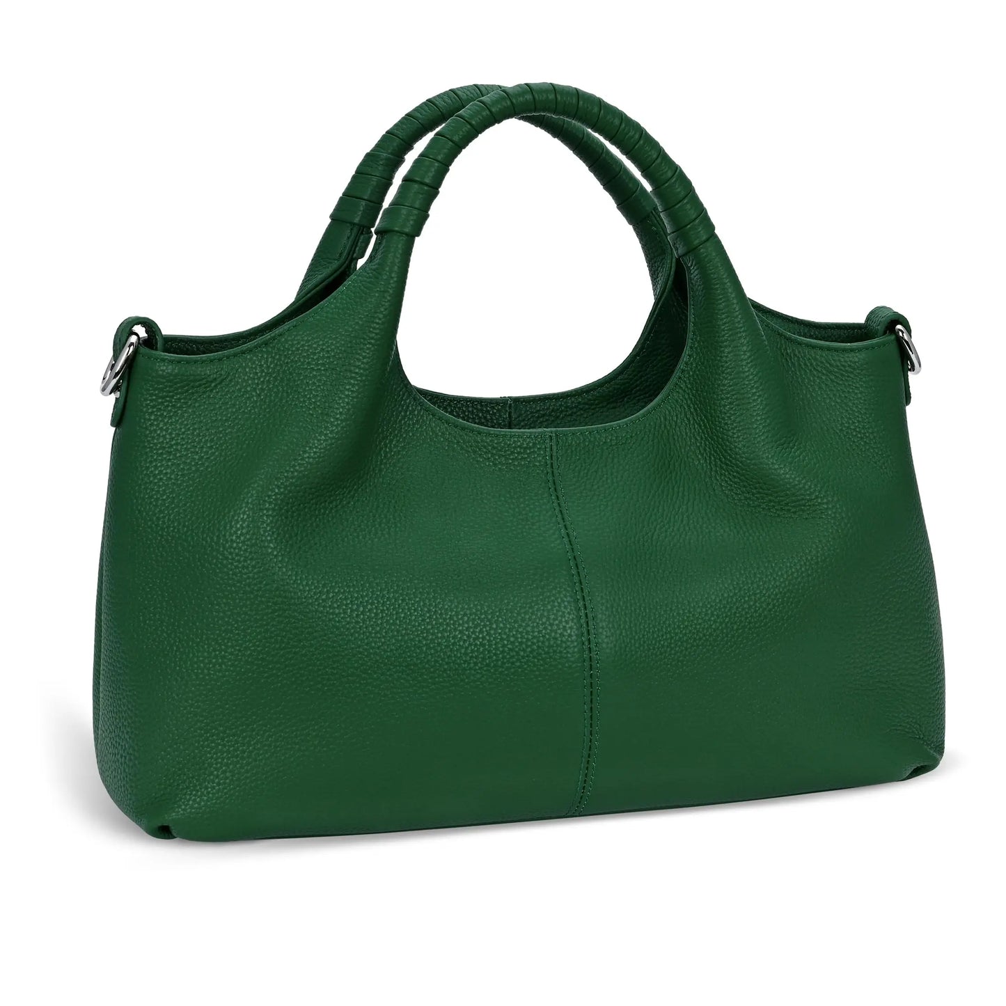 Woman carrying an emerald green soft leather shoulder tote bag