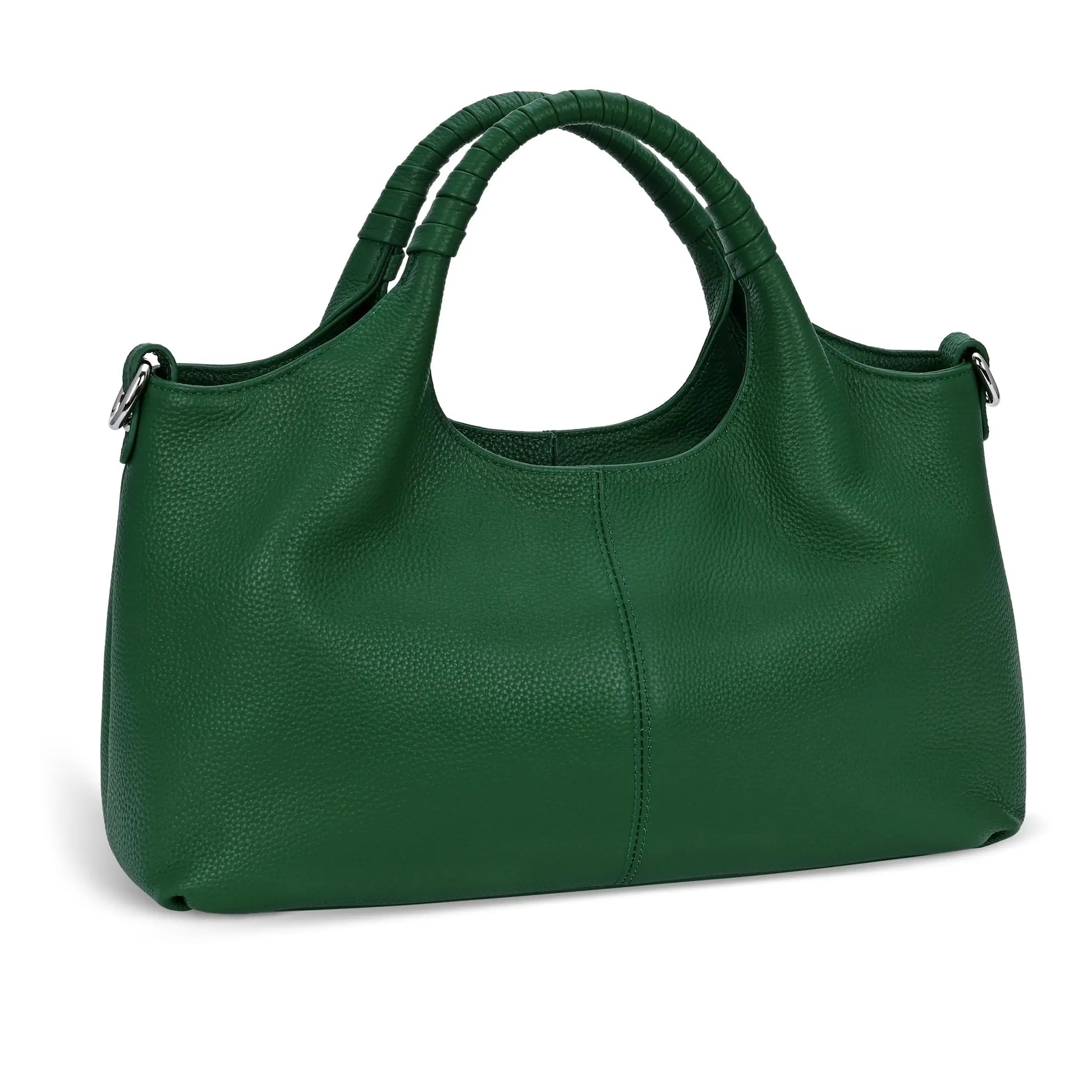 Woman carrying an emerald green soft leather shoulder tote bag