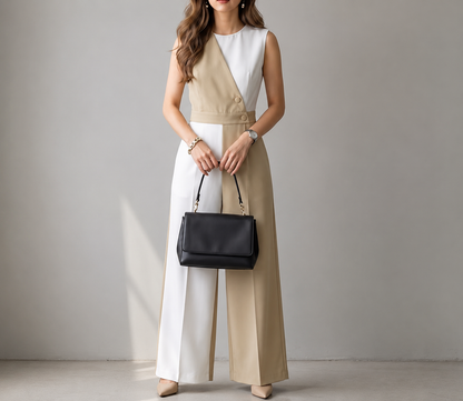 Woman wearing the Celina Studio Black & Beige Color Block Wide-Leg Jumpsuit featuring a sleeveless design, tailored waist, and elegant full-length silhouette.