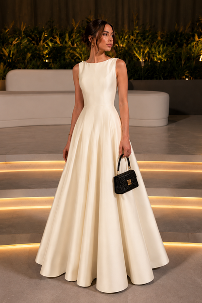 Woman wearing an ivory sleeveless A-line maxi gown with an elegant silhouette.