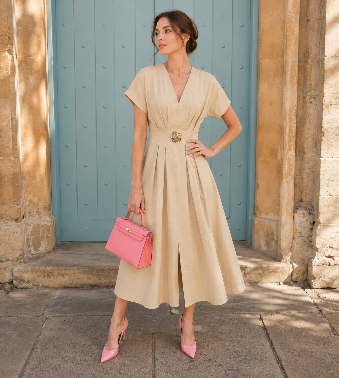 Woman wearing a khaki V-neck belted midi dress with short sleeves and side pockets.