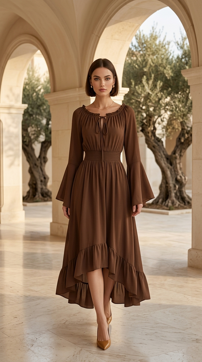 Woman wearing a brown off-shoulder ruffle sleeve midi dress outdoors.