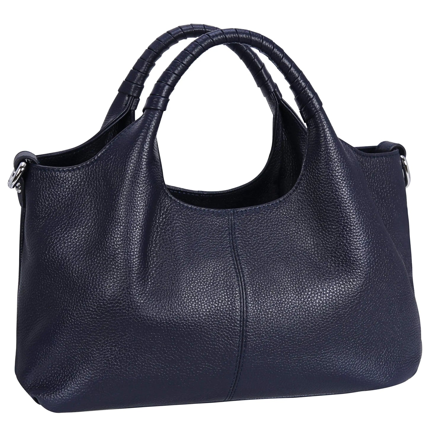 Woman carrying a navy blue soft leather shoulder tote bag.