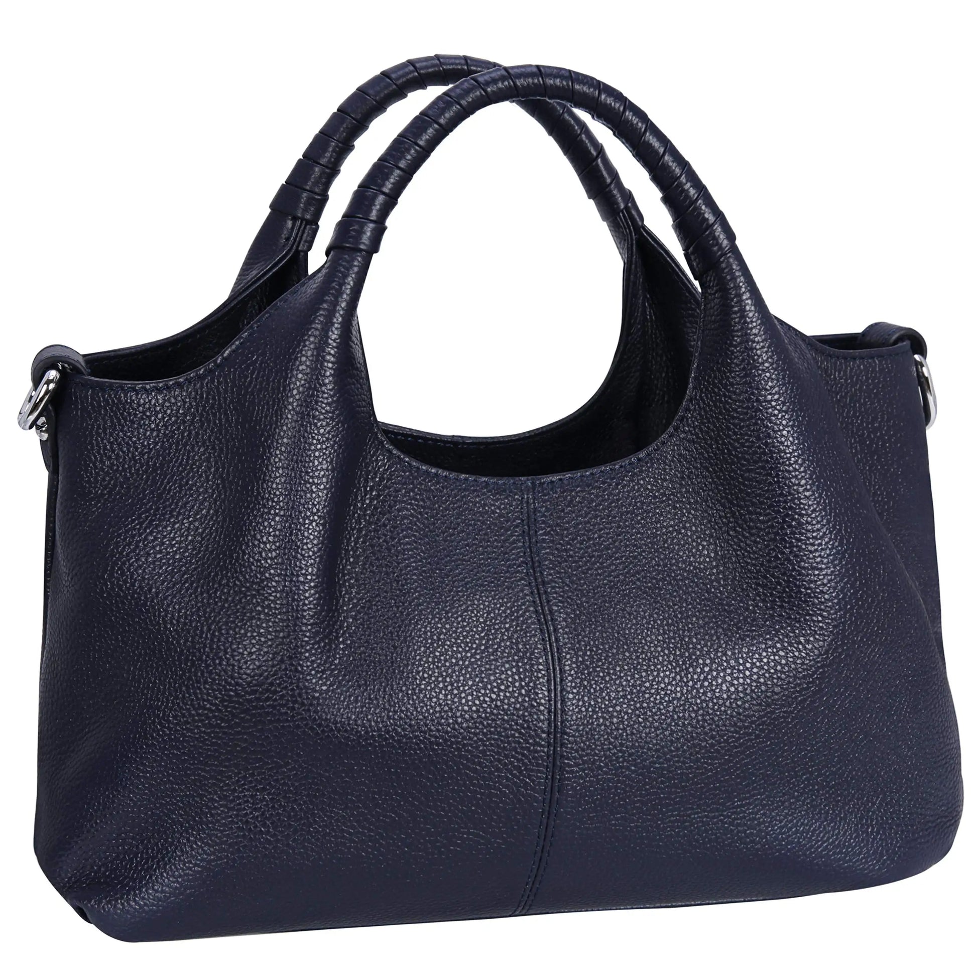 Woman carrying a navy blue soft leather shoulder tote bag.