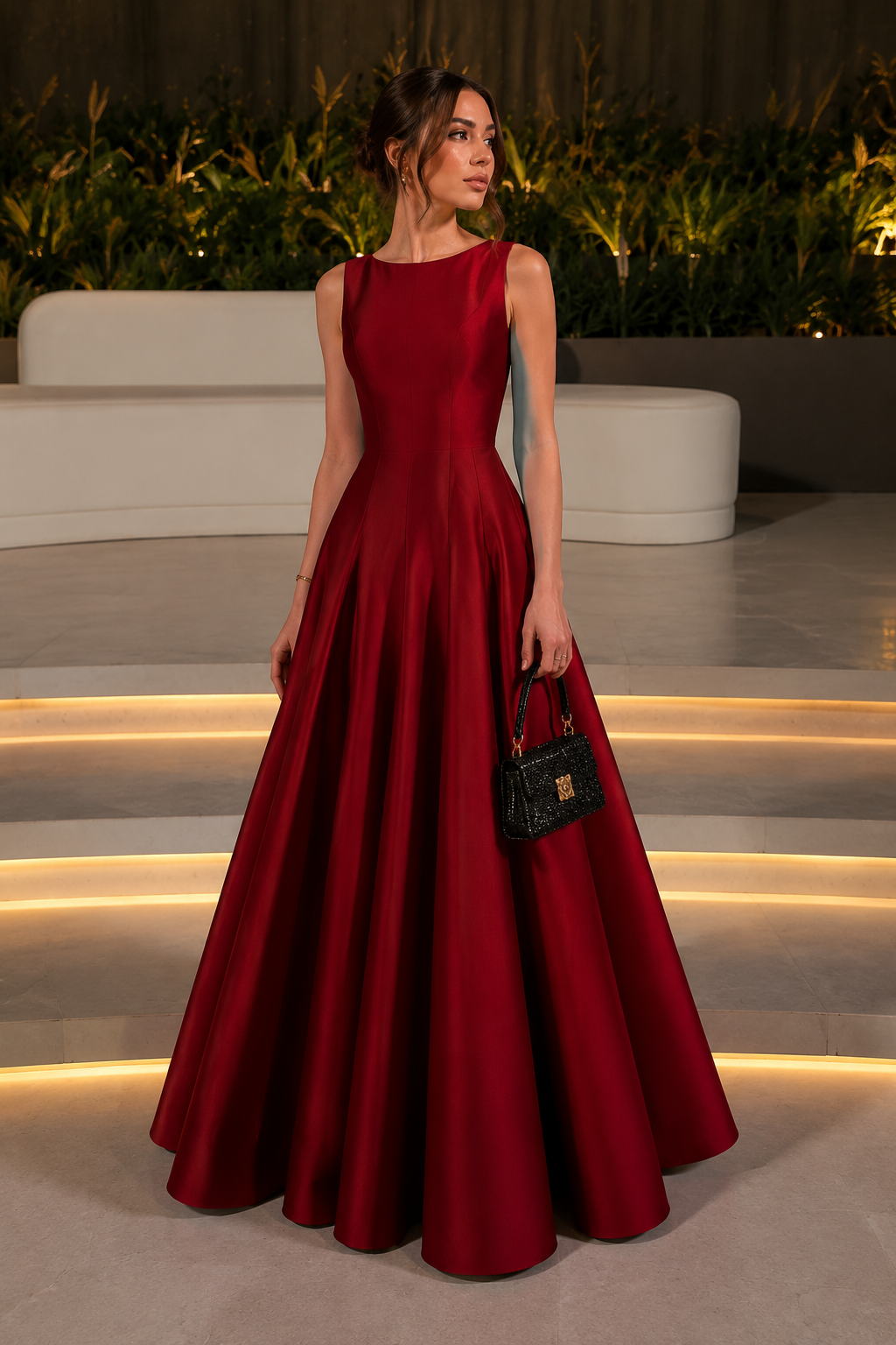 Woman wearing a red sleeveless A-line maxi gown for galas and special occasions.