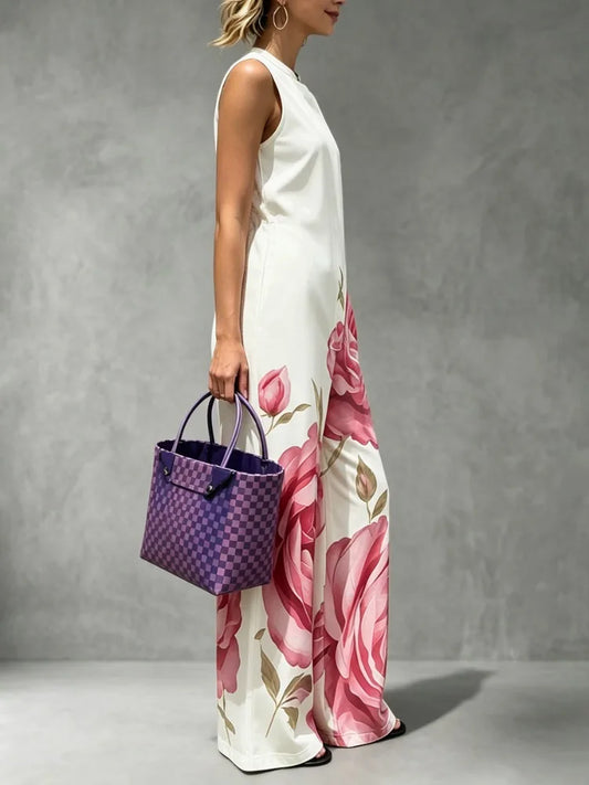 Side view of the Celina Studio Rosé Bloom Sleeveless Wide-Leg Jumpsuit showcasing the elegant floral design.
