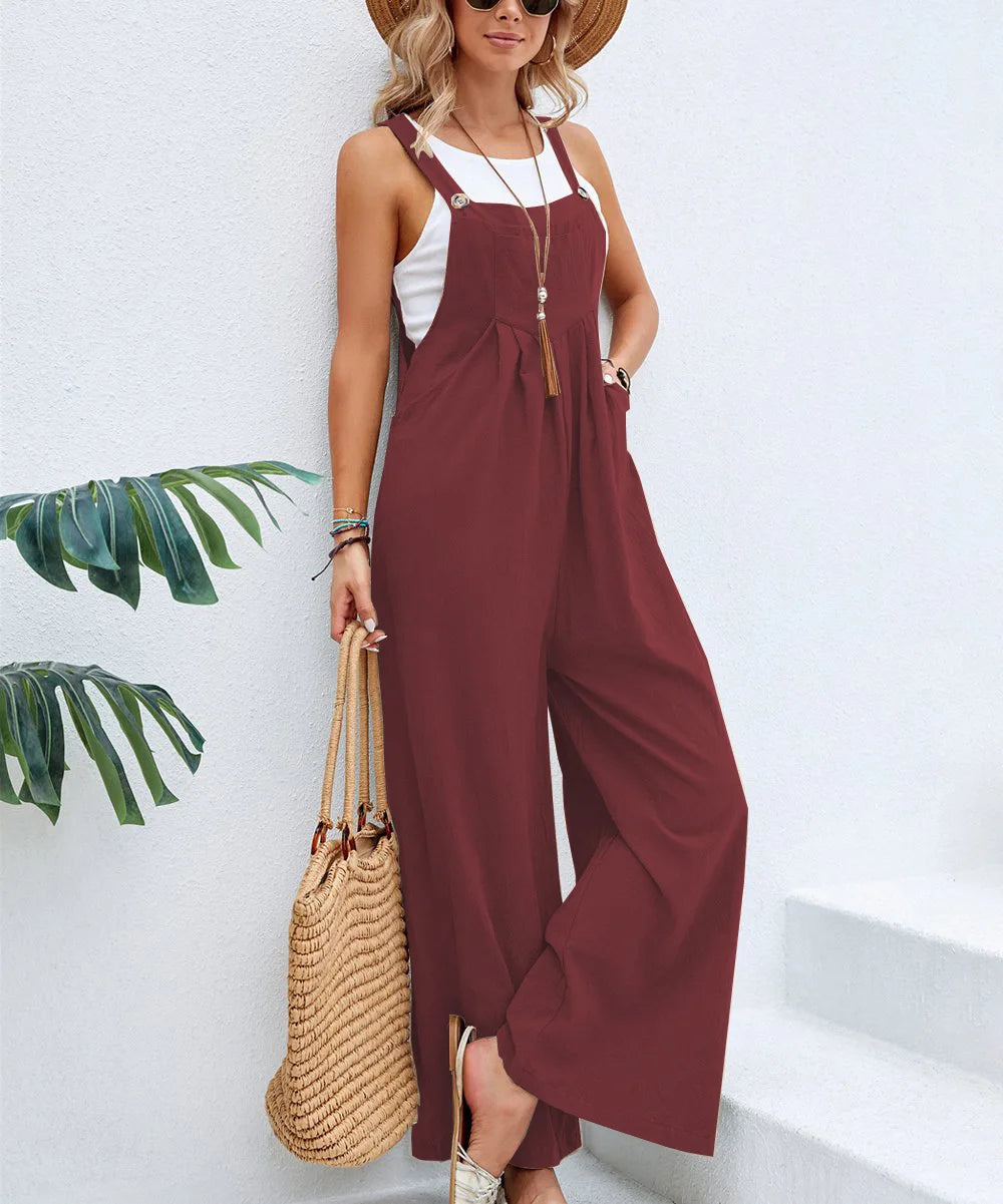 Woman wearing the Celina Studio Solstice Relaxed Wide-Leg Overall Jumpsuit in Burgundy Wine.