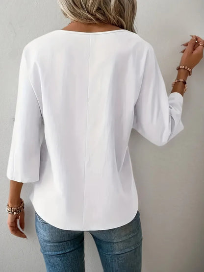 Back view of a white oversized casual linen blend blouse for women.
