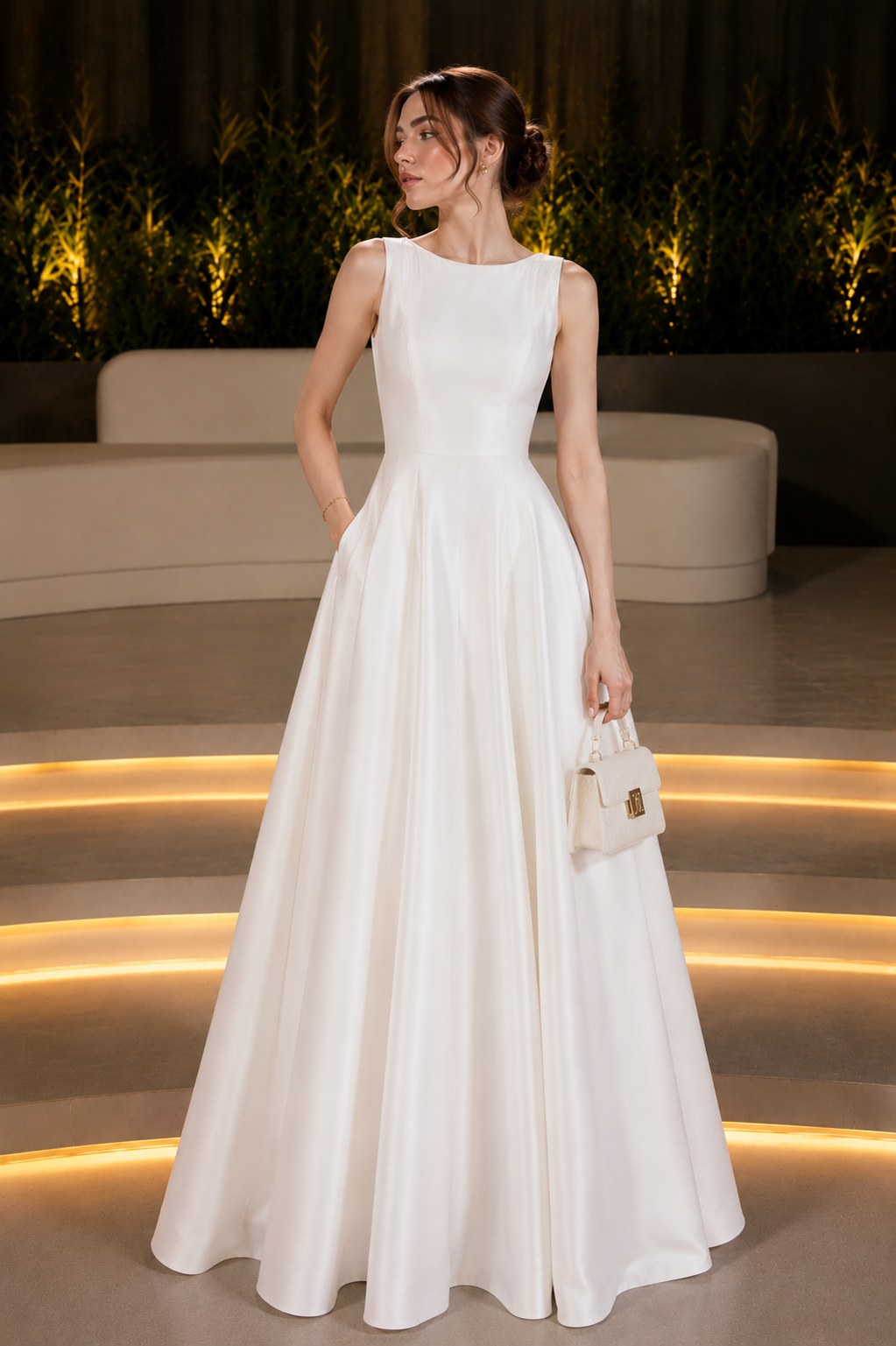 Woman wearing a white sleeveless A-line maxi gown for formal occasions.